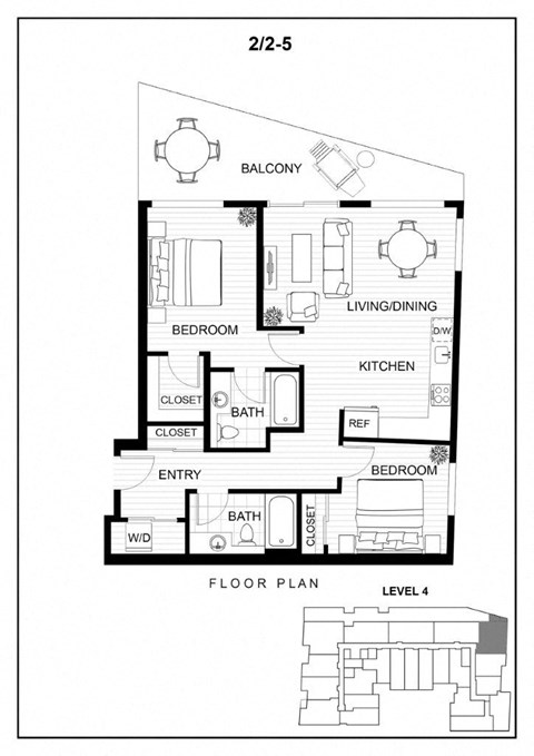 Floor plan for 2 beds, 2 baths, 954 sqft
